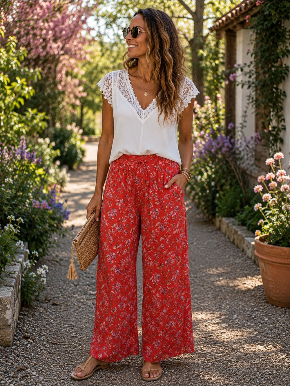 Forever 21 Red Floral Wide-Leg Pants